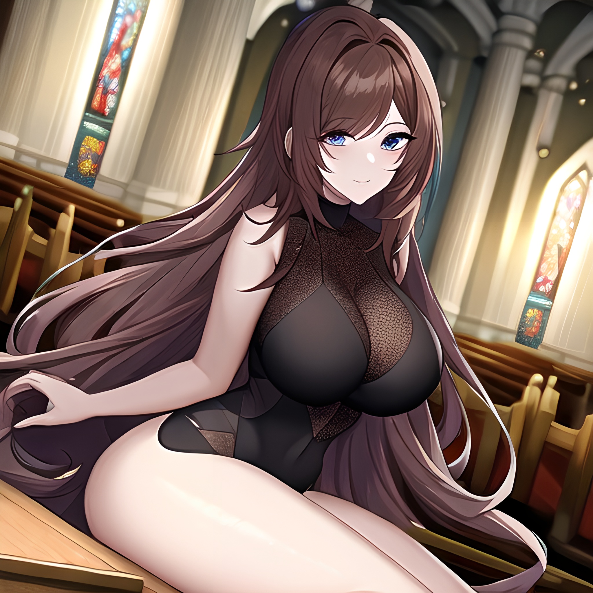 long hair brunette woman fishnet messy hair church 