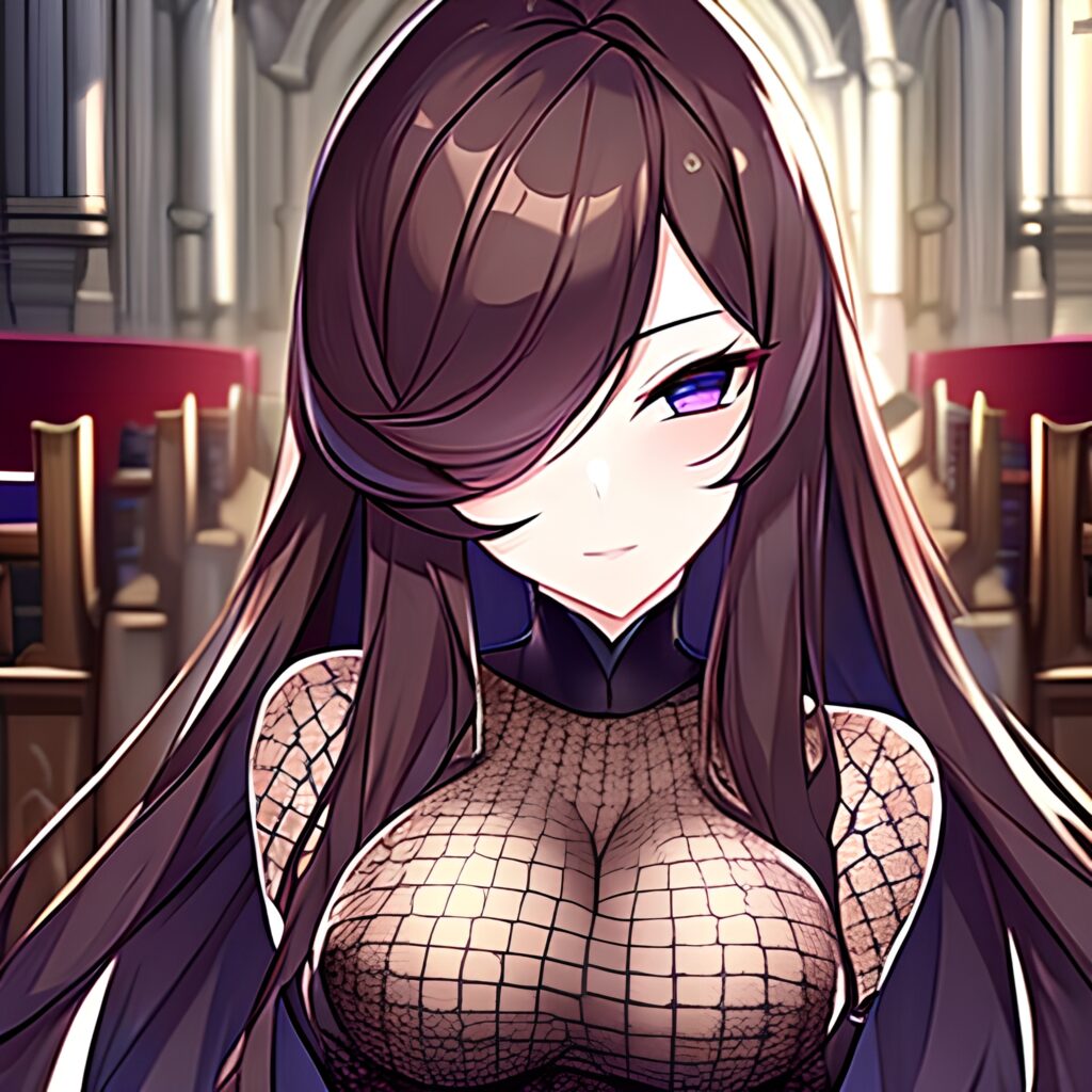 long hair brunette woman fishnet messy hair church 