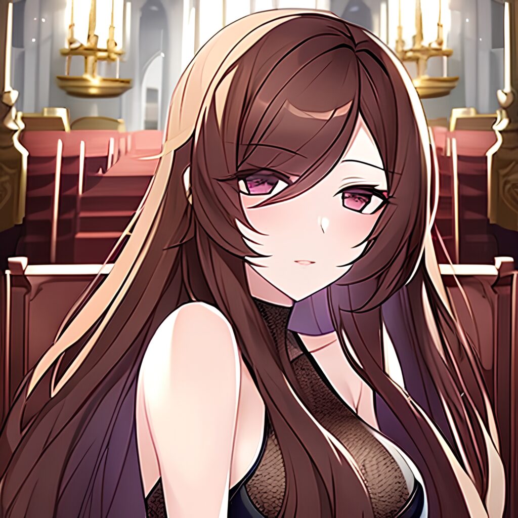 long hair brunette woman fishnet messy hair church 