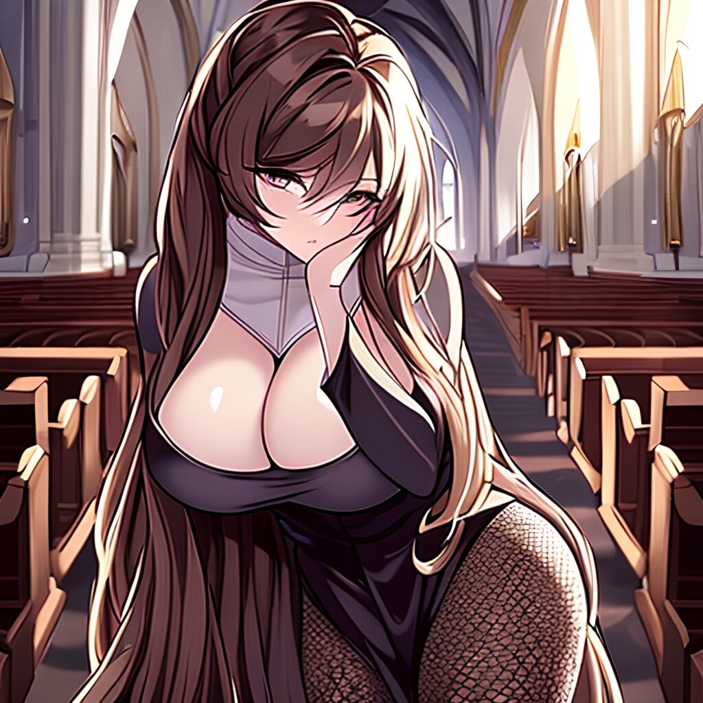 long hair brunette woman fishnet messy hair church 