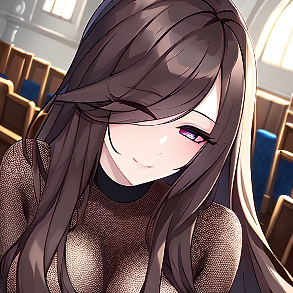 long hair brunette woman fishnet messy hair church 