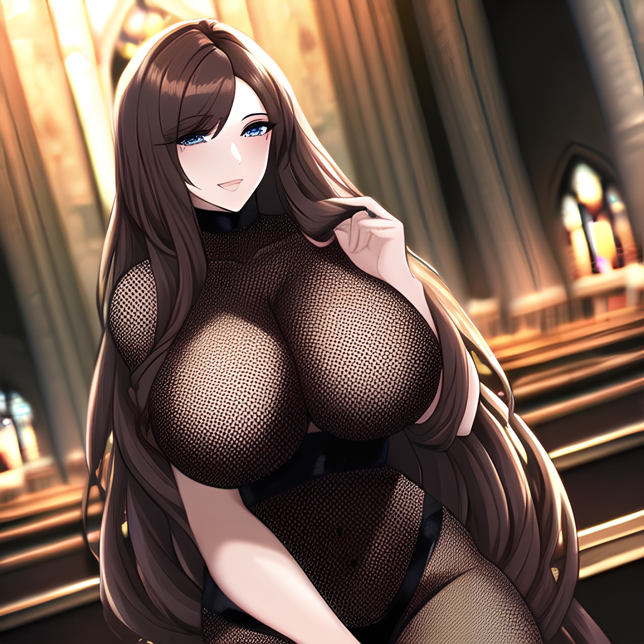 long hair brunette woman fishnet messy hair church 