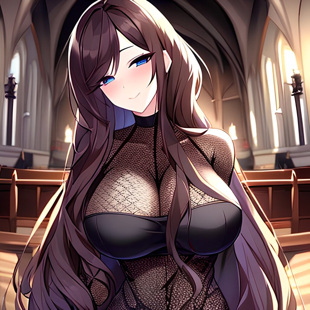 long hair brunette woman messy hair church fishnet 