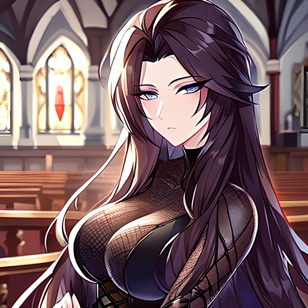 long hair brunette woman messy hair church fishnet