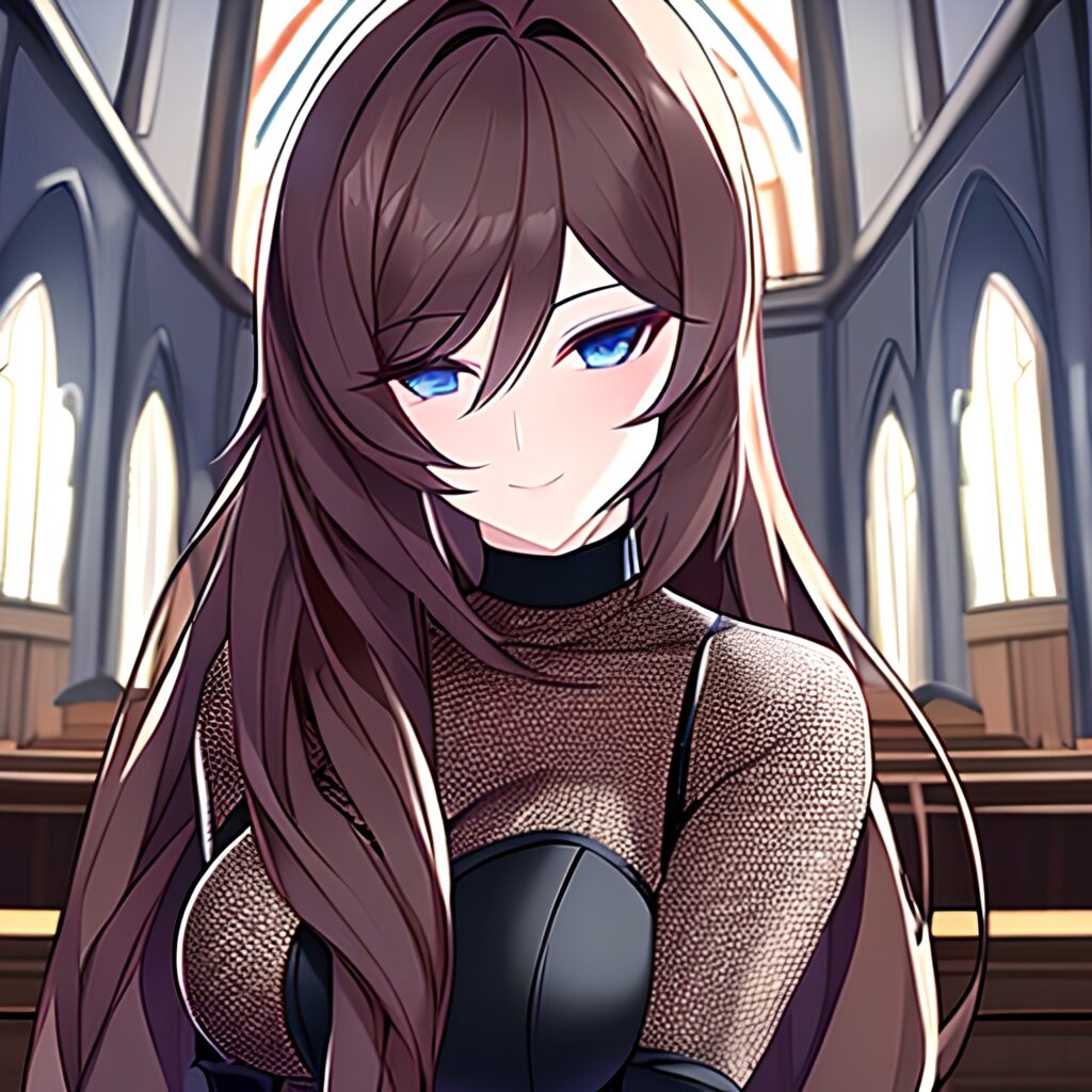 long hair brunette woman messy hair church fishnet 