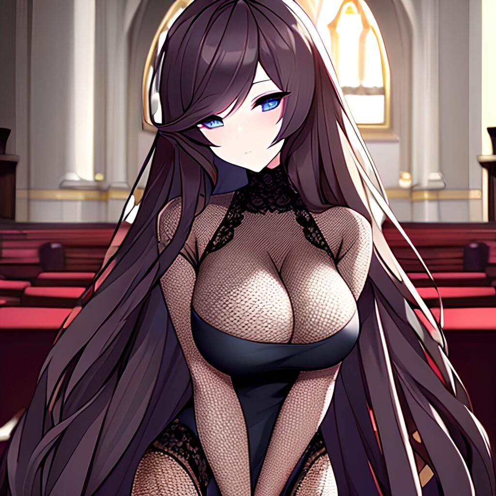 long hair brunette woman messy hair church fishnet