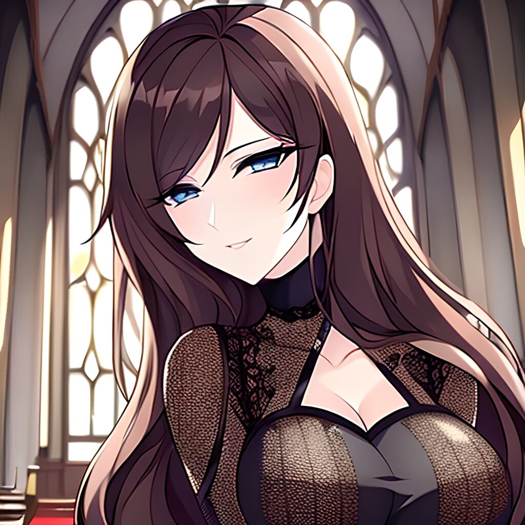 long hair brunette woman messy hair church fishnet 