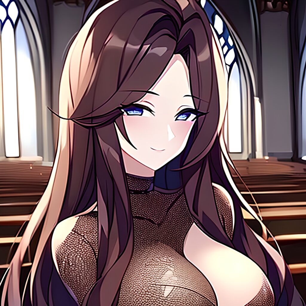 long hair brunette woman messy hair church fishnet 