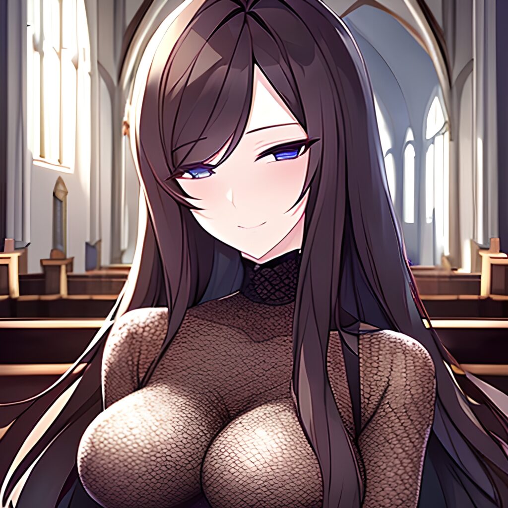 long hair brunette woman messy hair church fishnet 