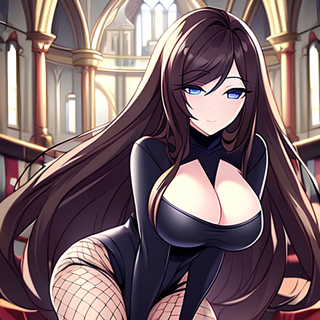 long hair brunette woman messy hair church fishnet 