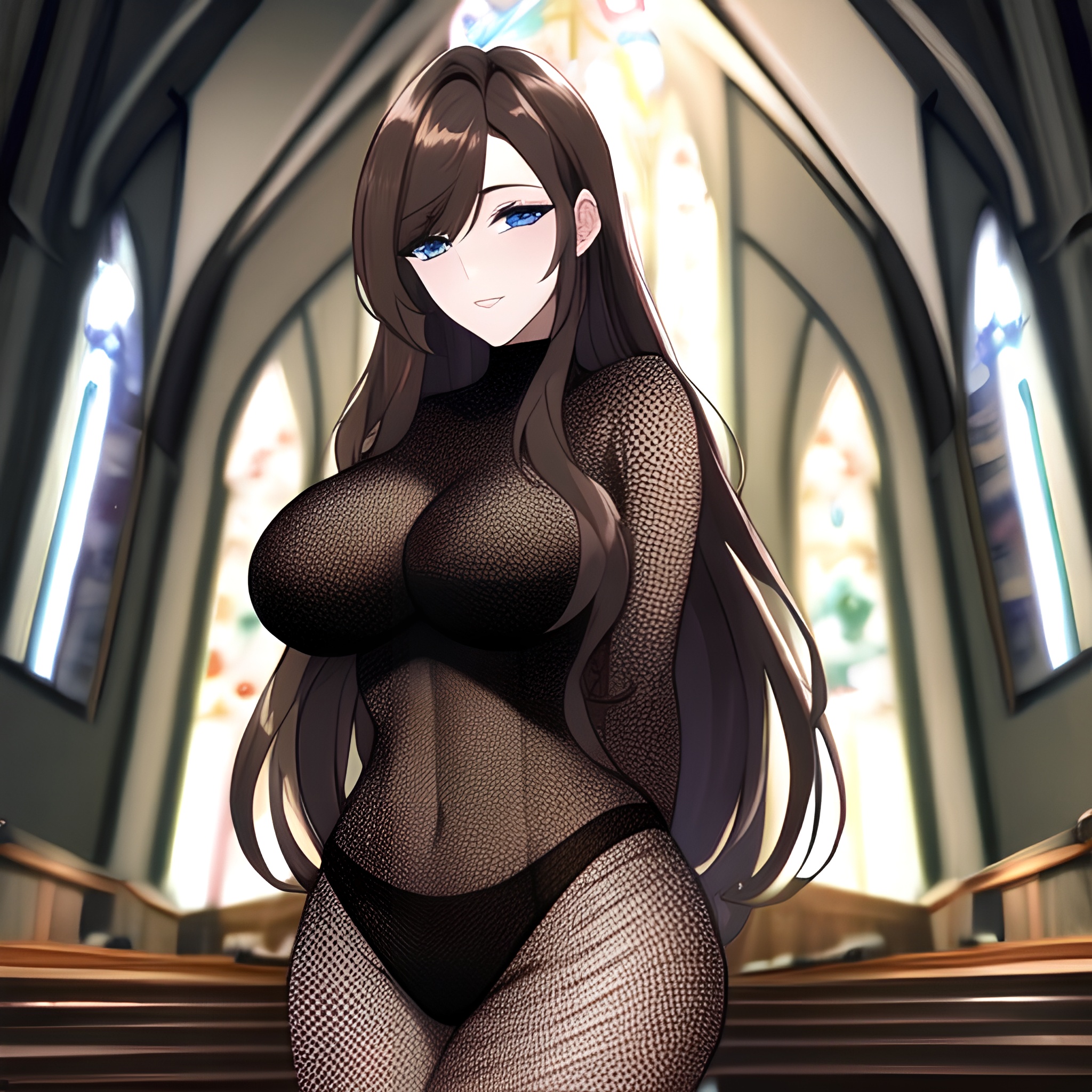 long hair brunette woman messy hair church fishnet 
