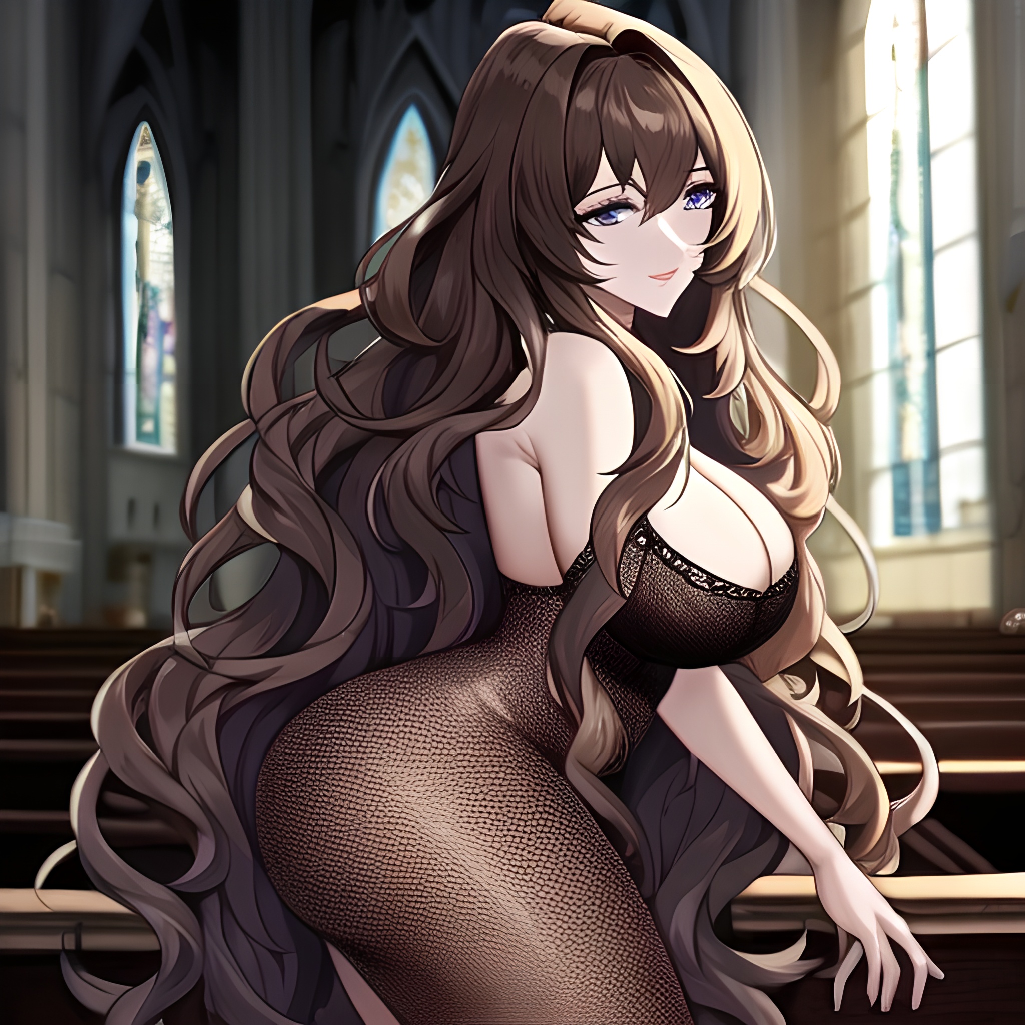 long hair brunette woman messy hair church fishnet 