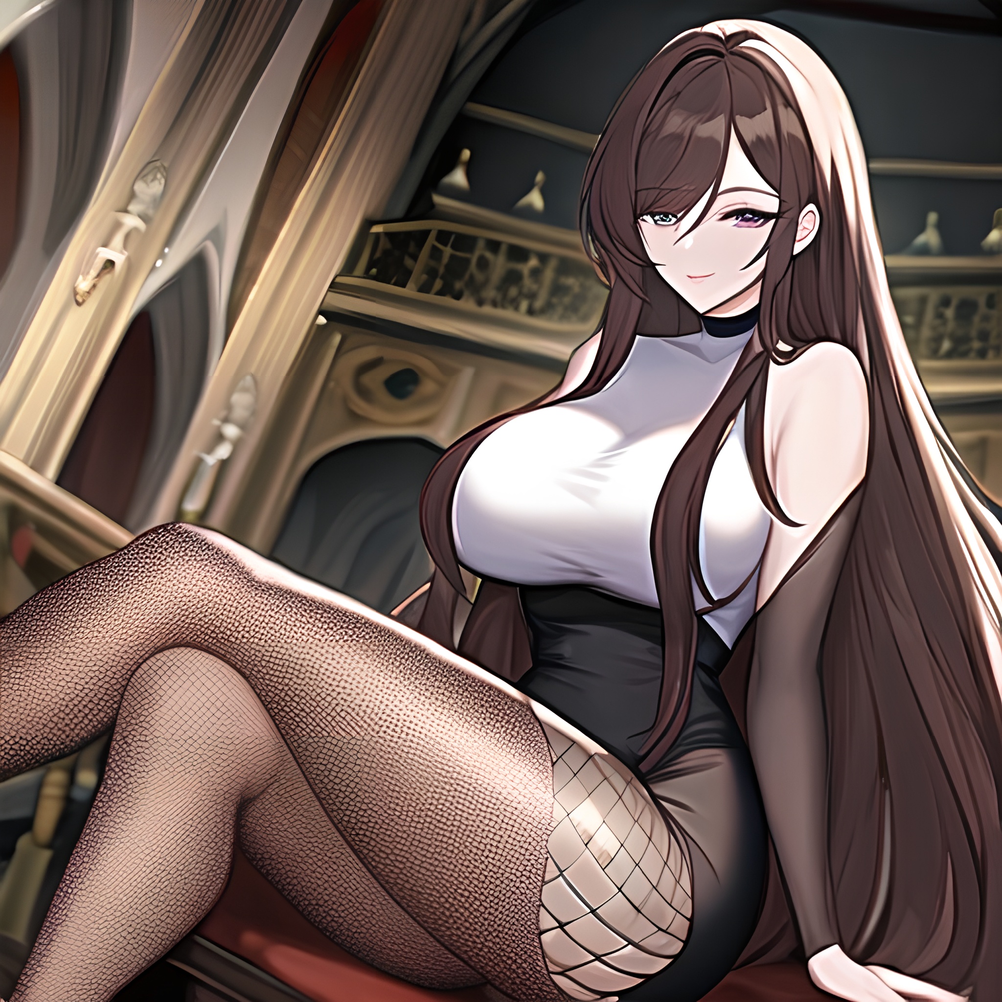 long hair brunette woman messy hair church fishnet 