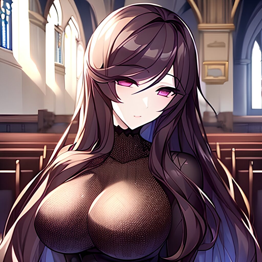 long hair brunette woman messy hair fishnet church 