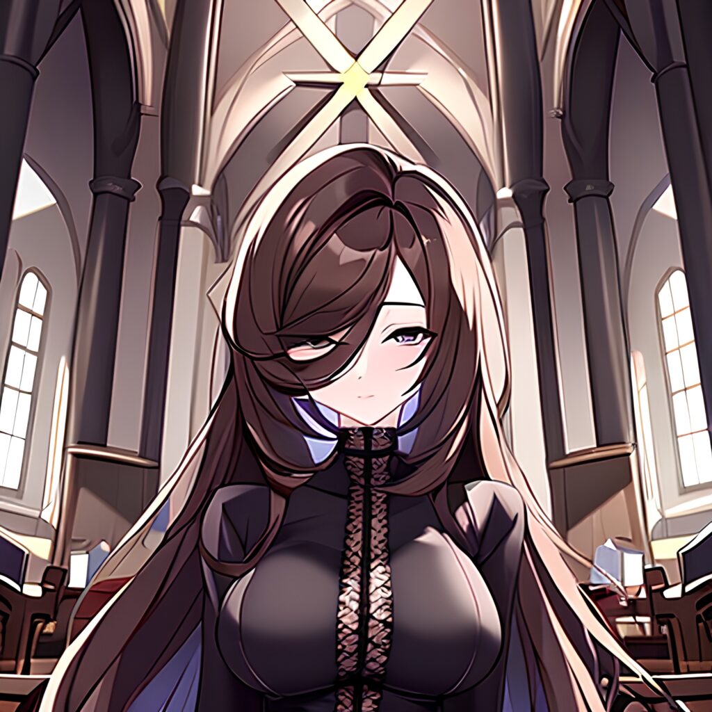 long hair brunette woman messy hair fishnet church