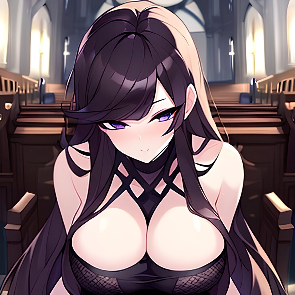 long hair brunette woman messy hair fishnet church 