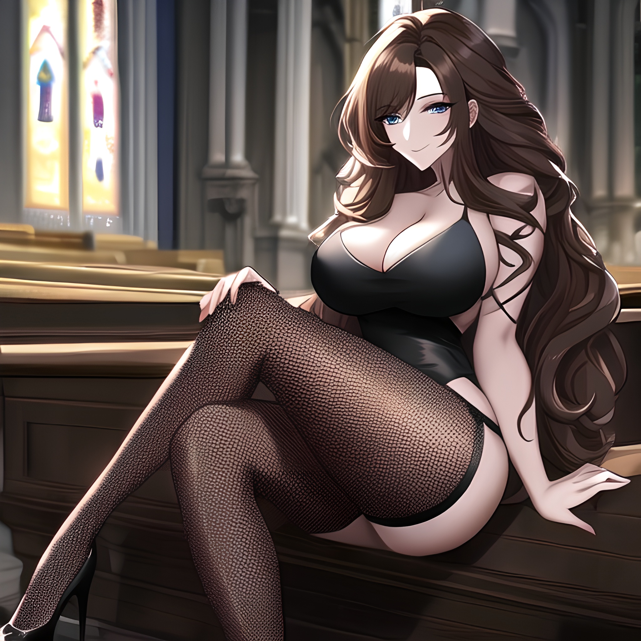 long hair brunette woman messy hair fishnet church 