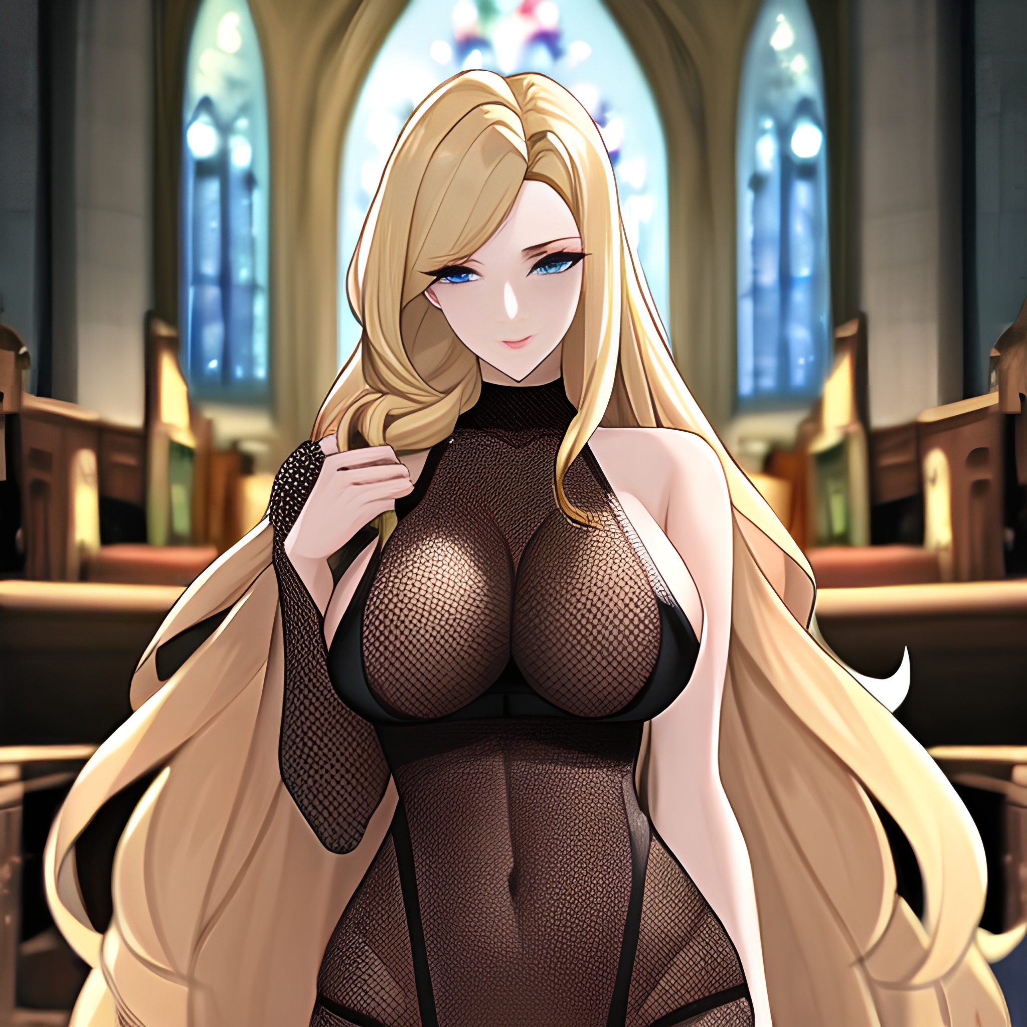 long hair church blonde fishnet woman 