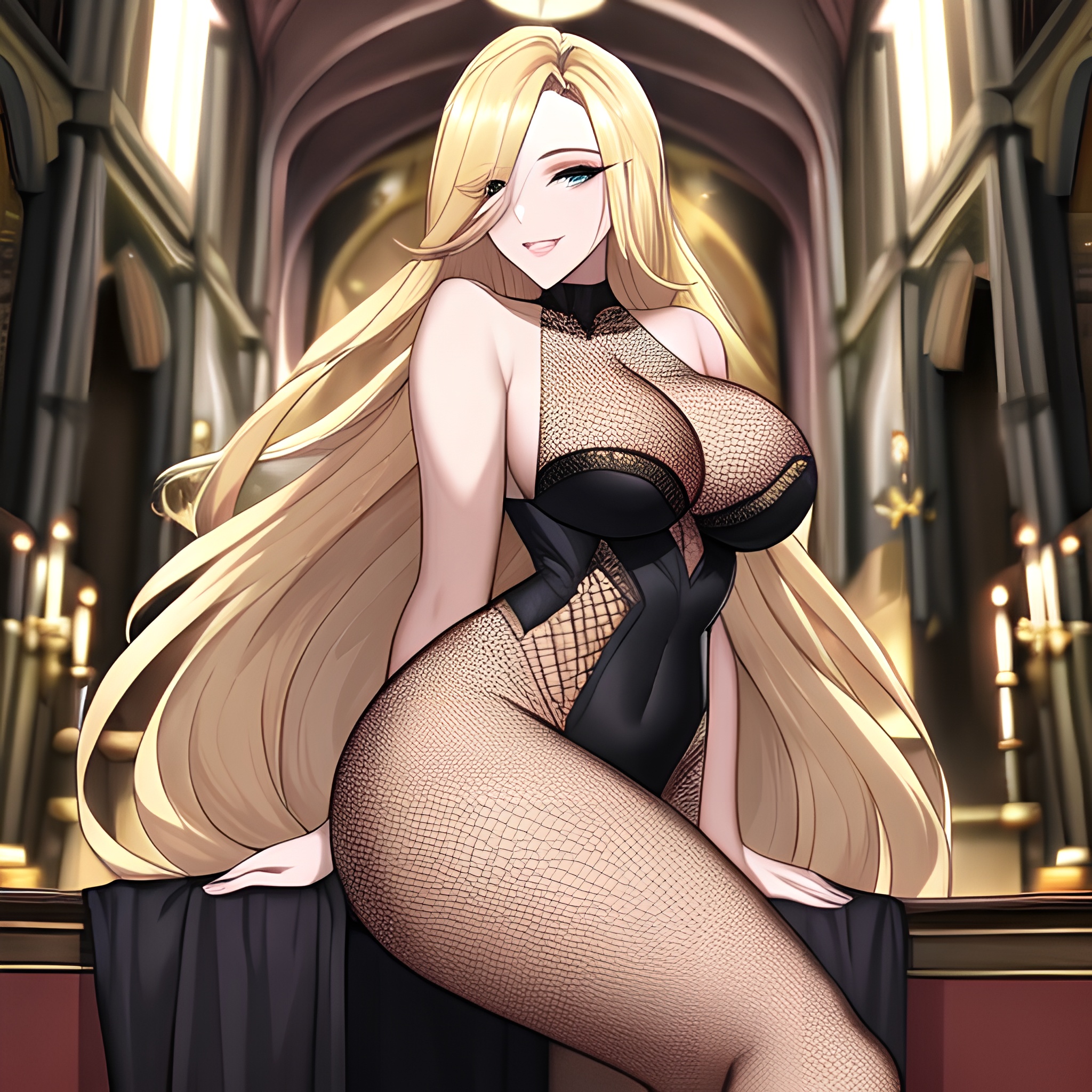 long hair church blonde fishnet woman