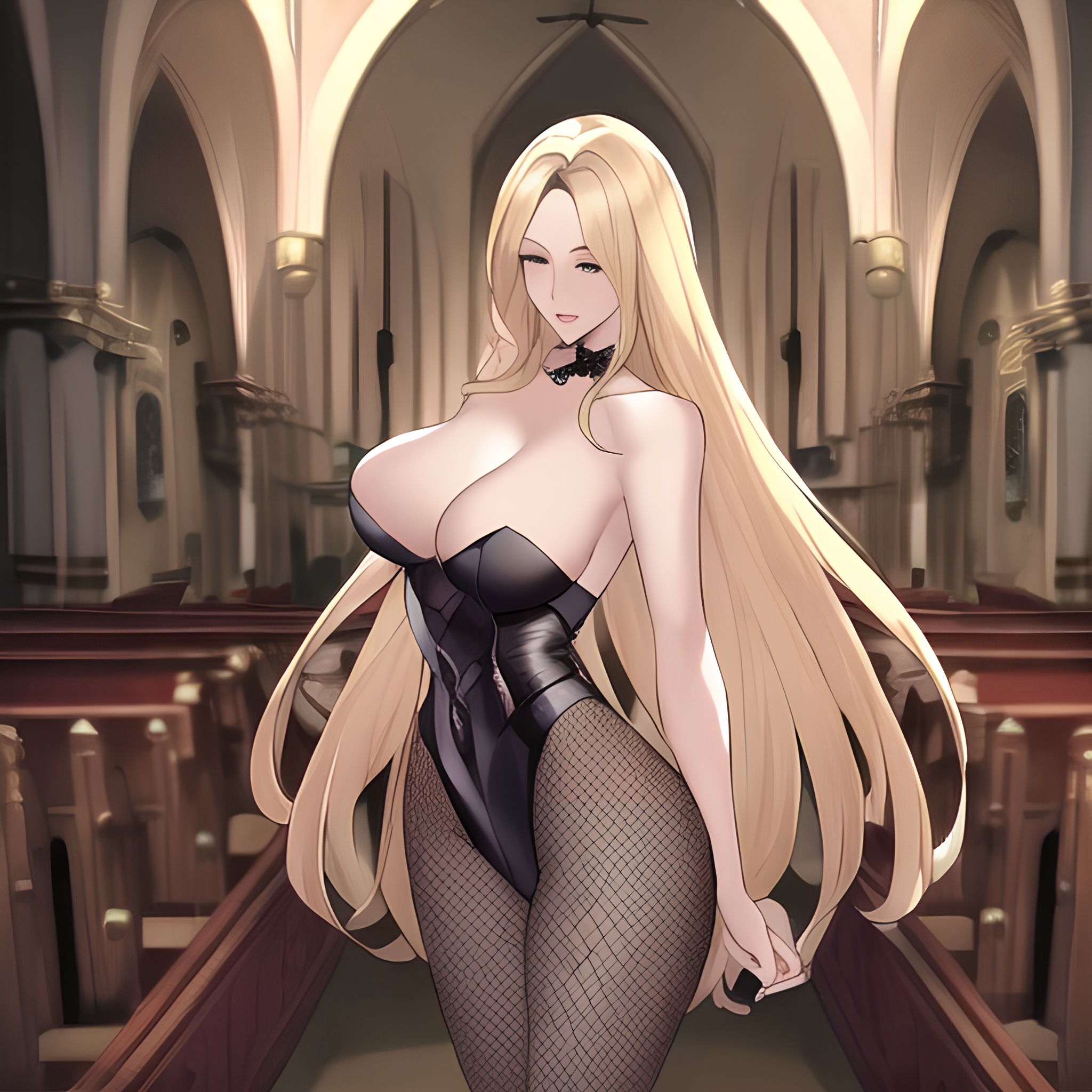 long hair church blonde nude front view woman fishnet small boobs