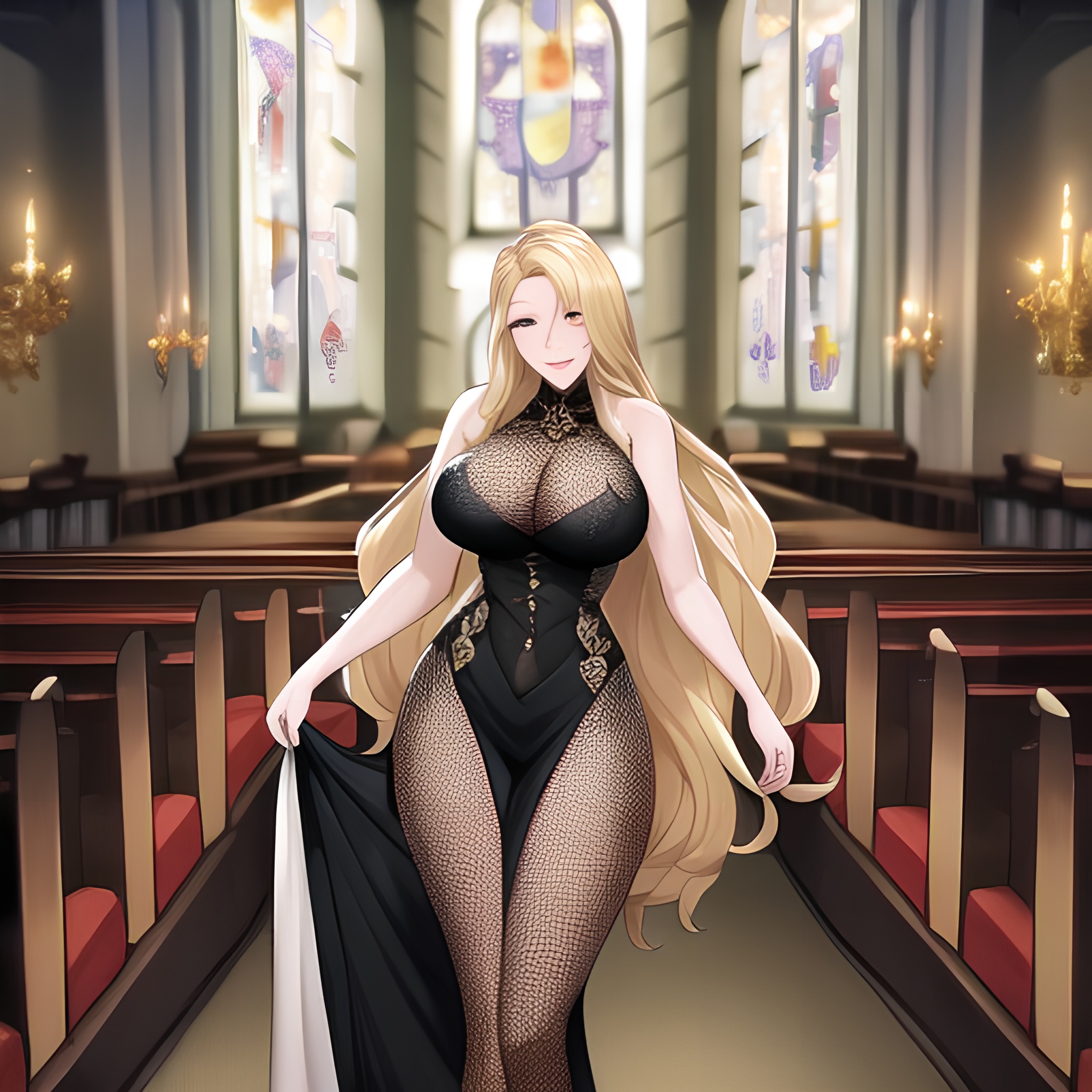 long hair church blonde woman fishnet 