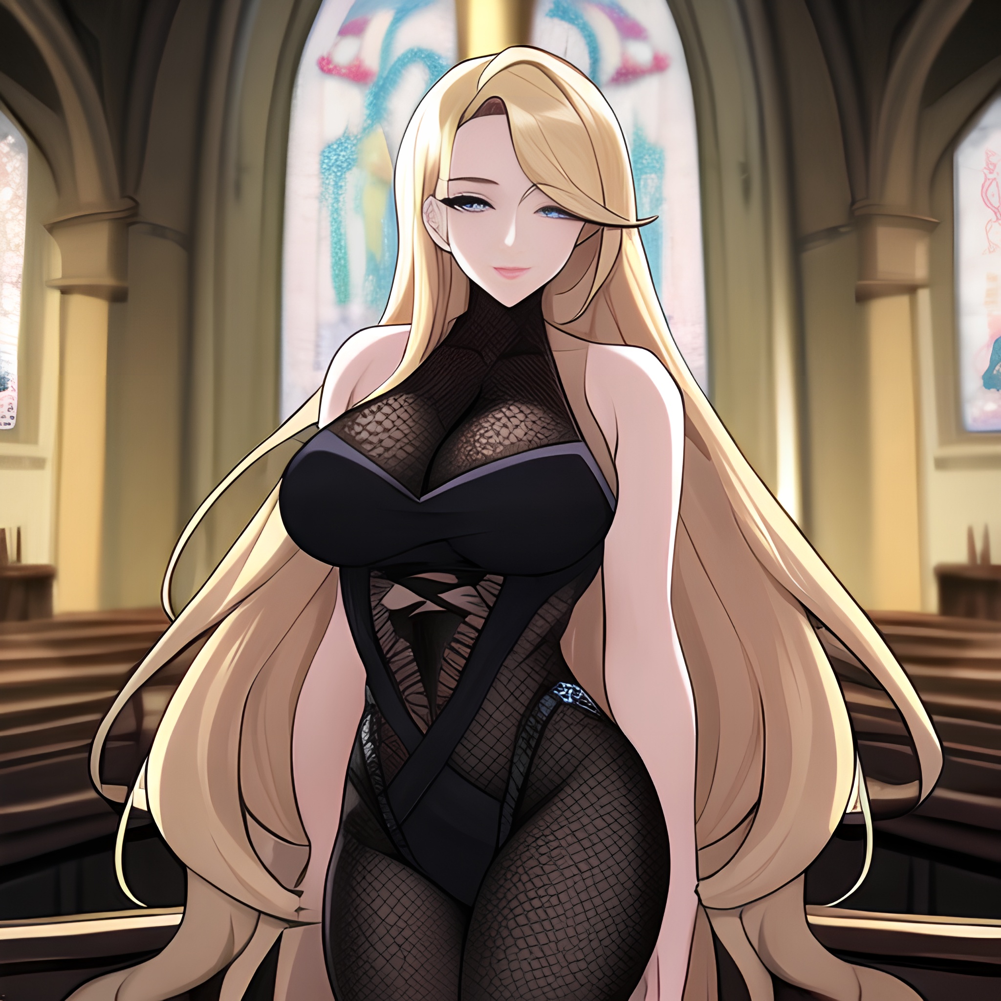 long hair church blonde woman fishnet