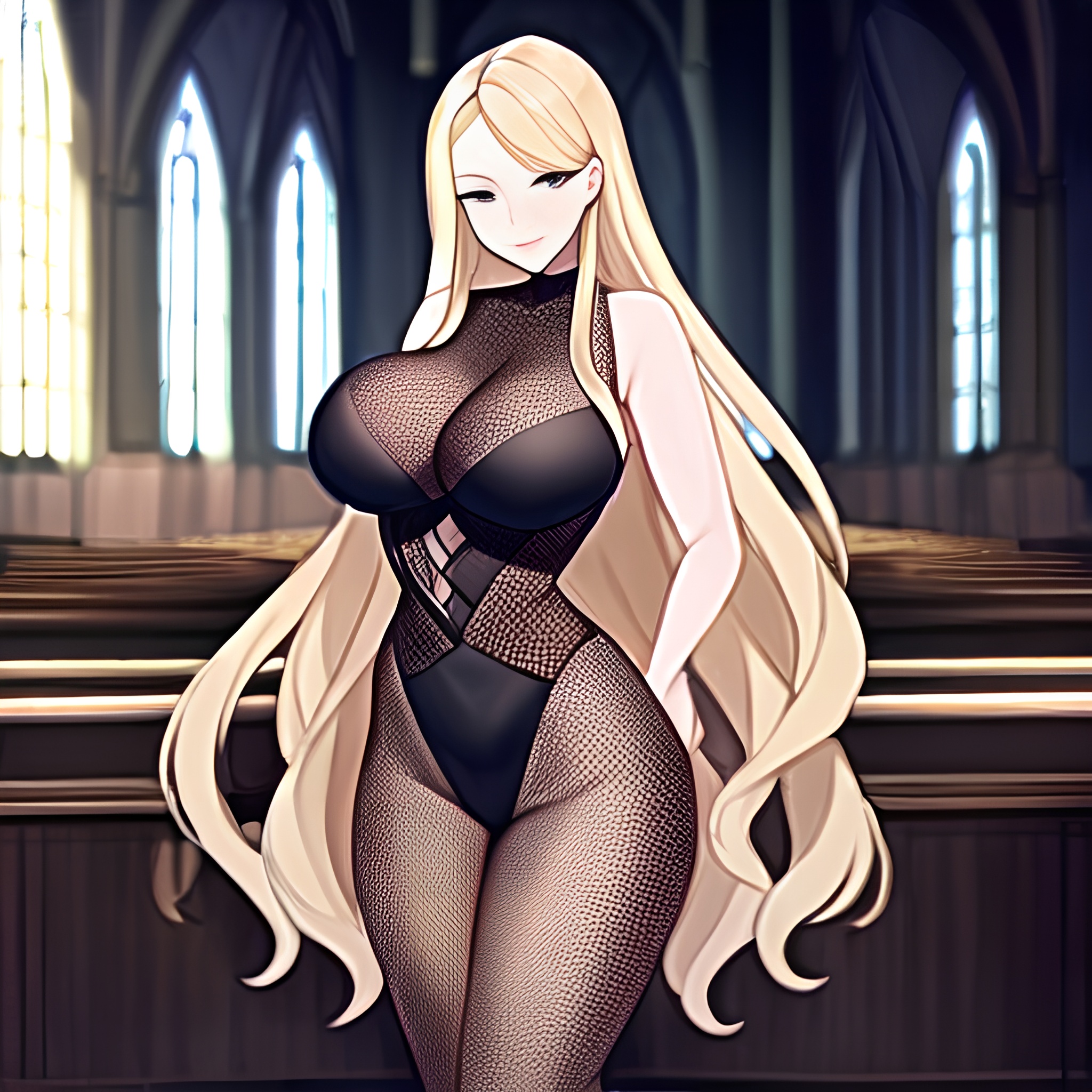 long hair church blonde woman fishnet