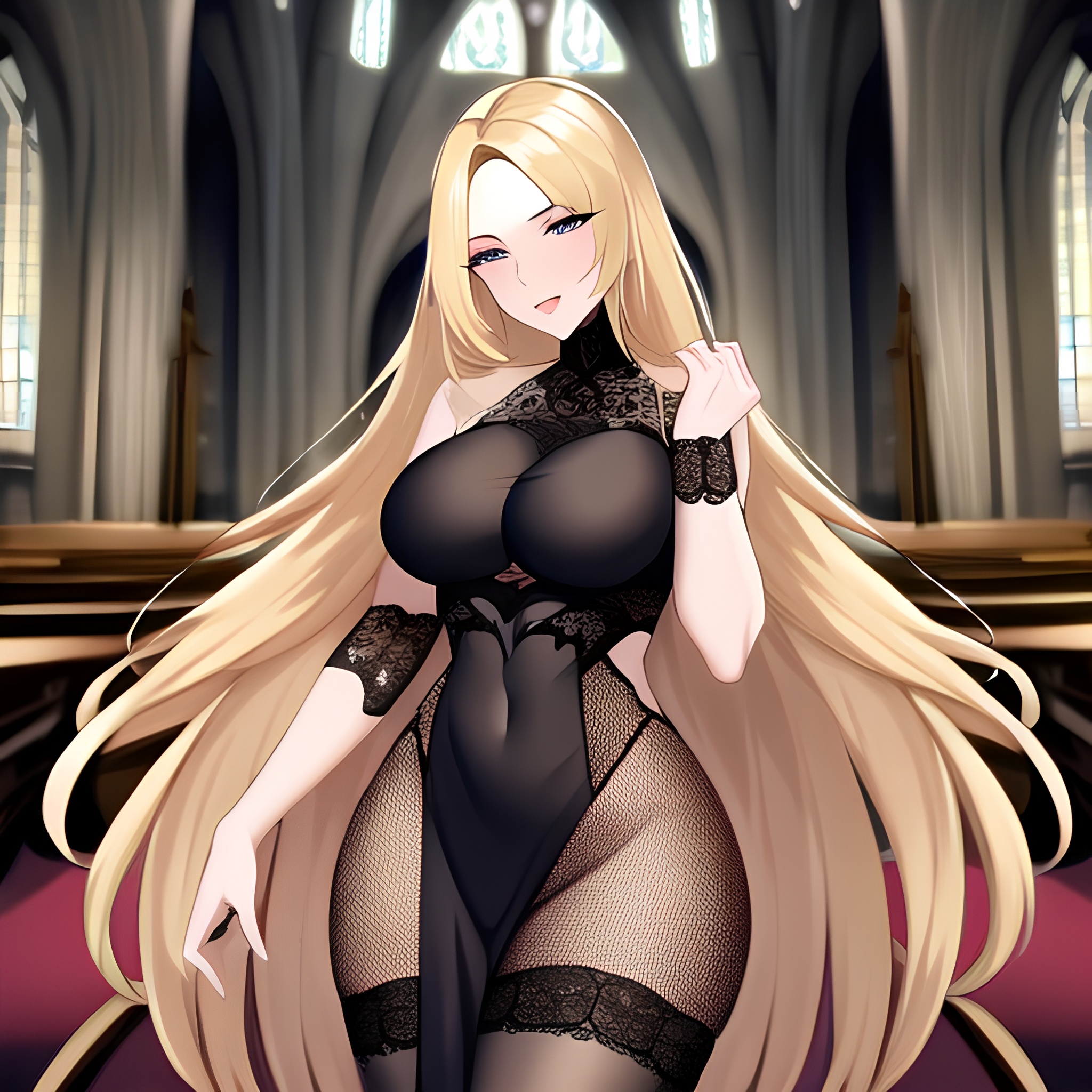 long hair church blonde woman fishnet 