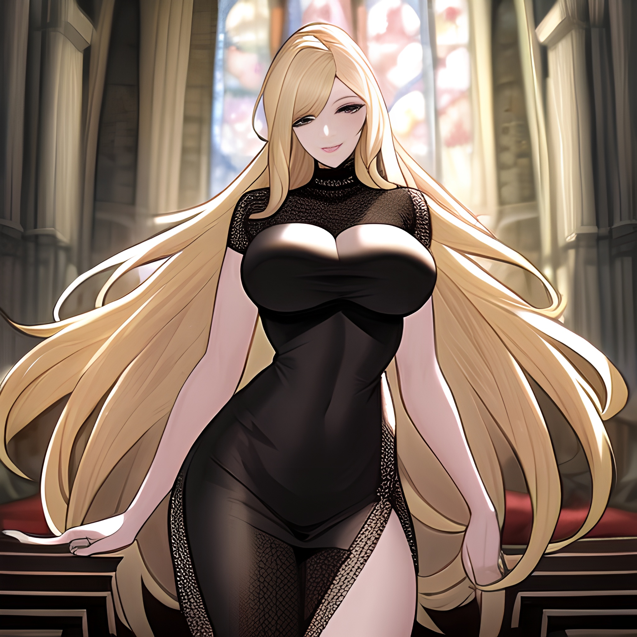 long hair church blonde woman fishnet 