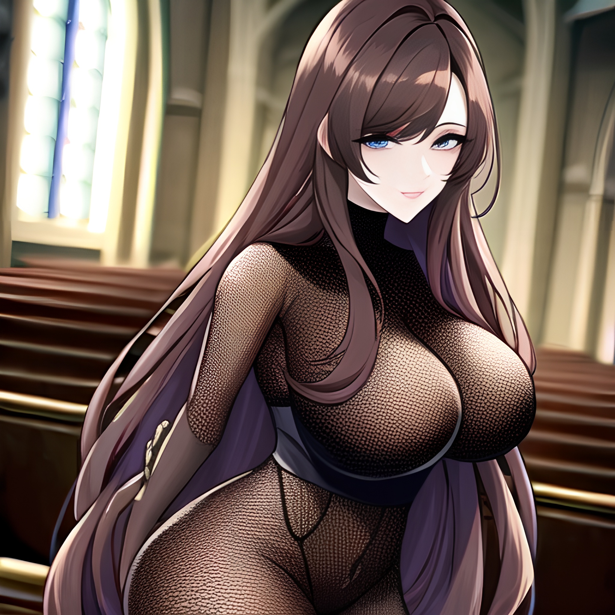 long hair church brunette fishnet messy hair woman 