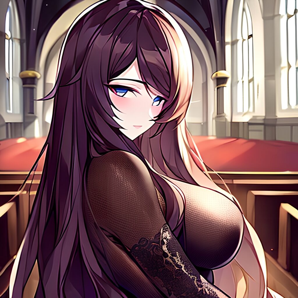 long hair church brunette messy hair fishnet woman 