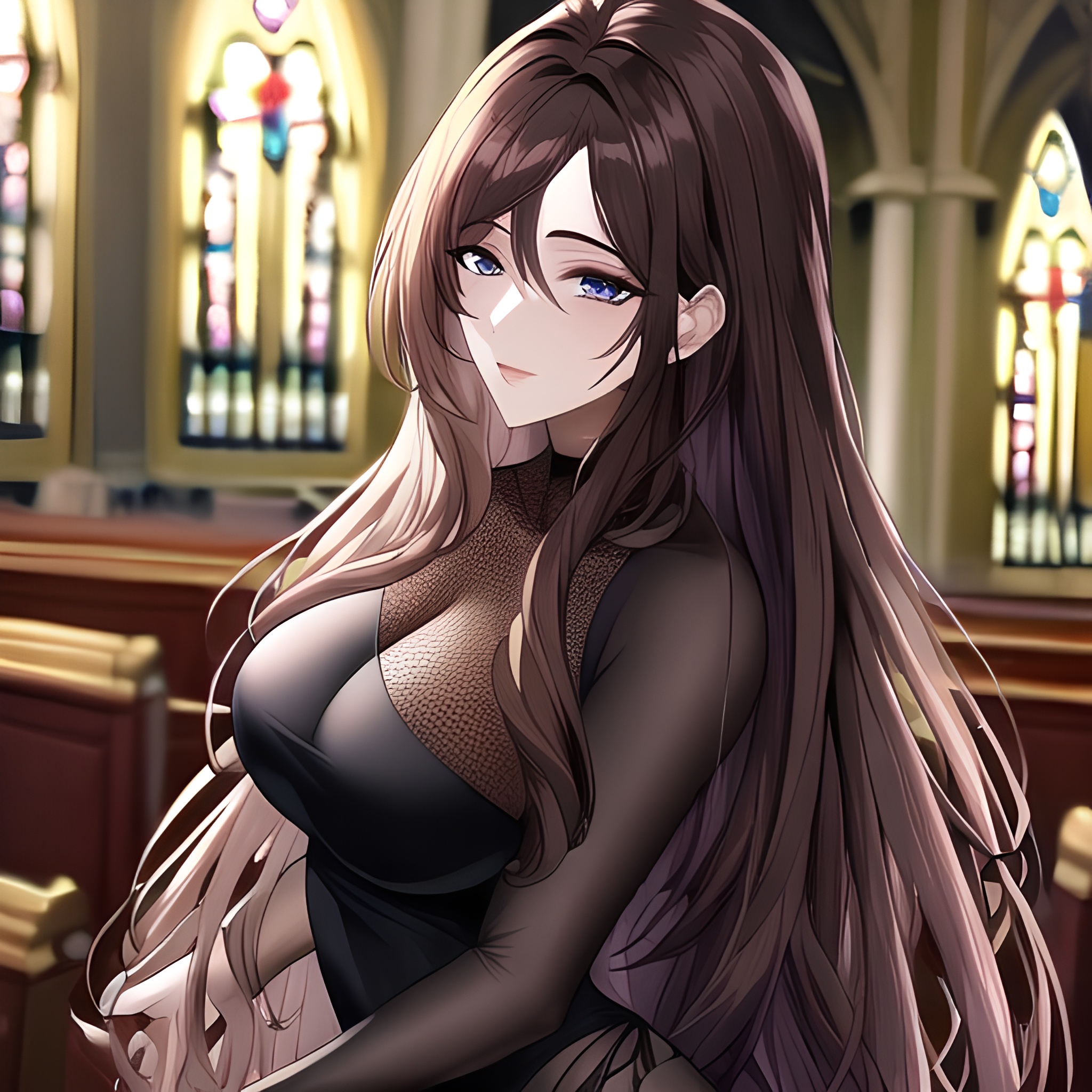 long hair church brunette messy hair fishnet woman 