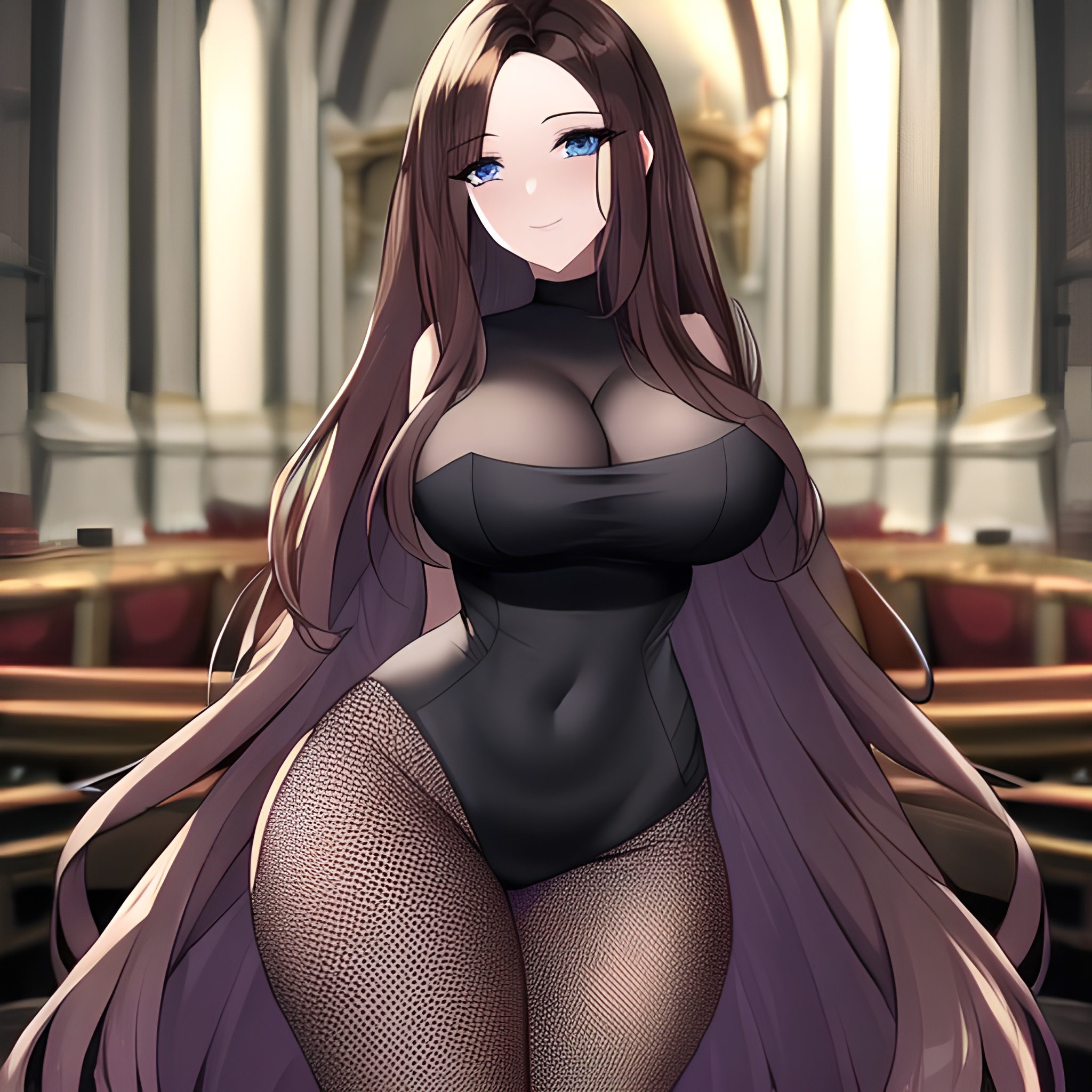 long hair church brunette messy hair woman fishnet 