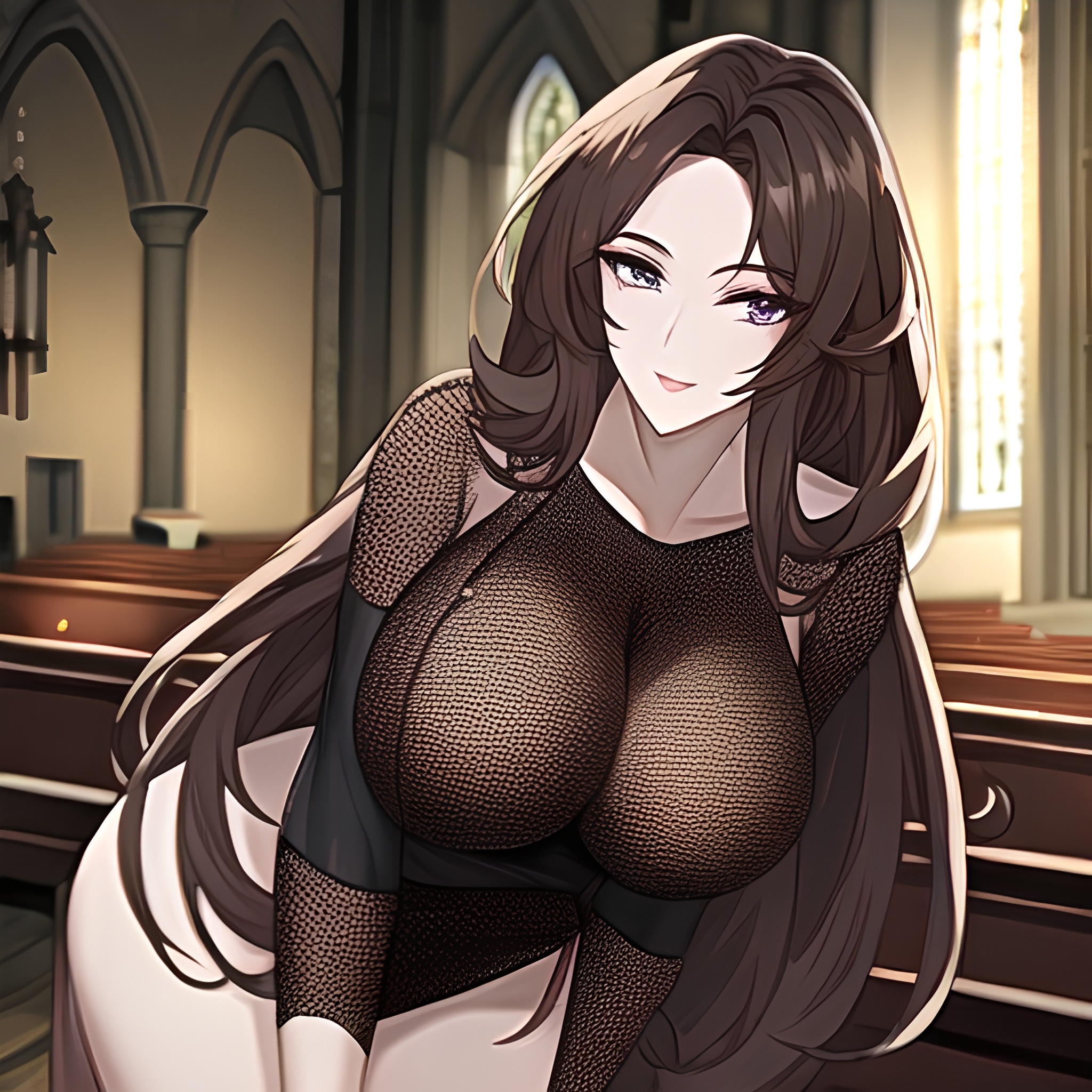 long hair church brunette messy hair woman fishnet 