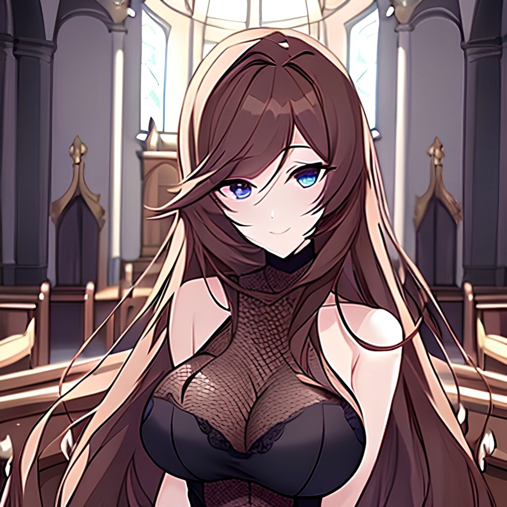 long hair church brunette messy hair woman fishnet 