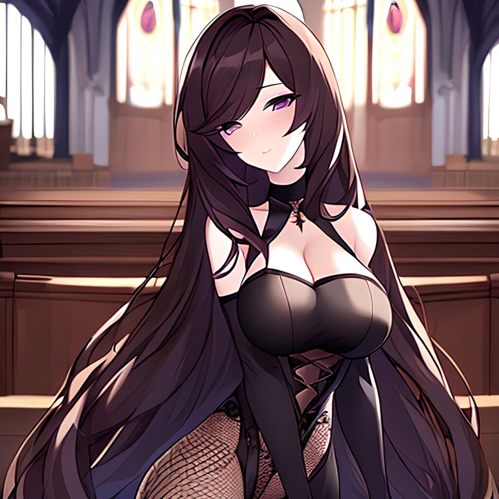 long hair church brunette woman messy hair fishnet 