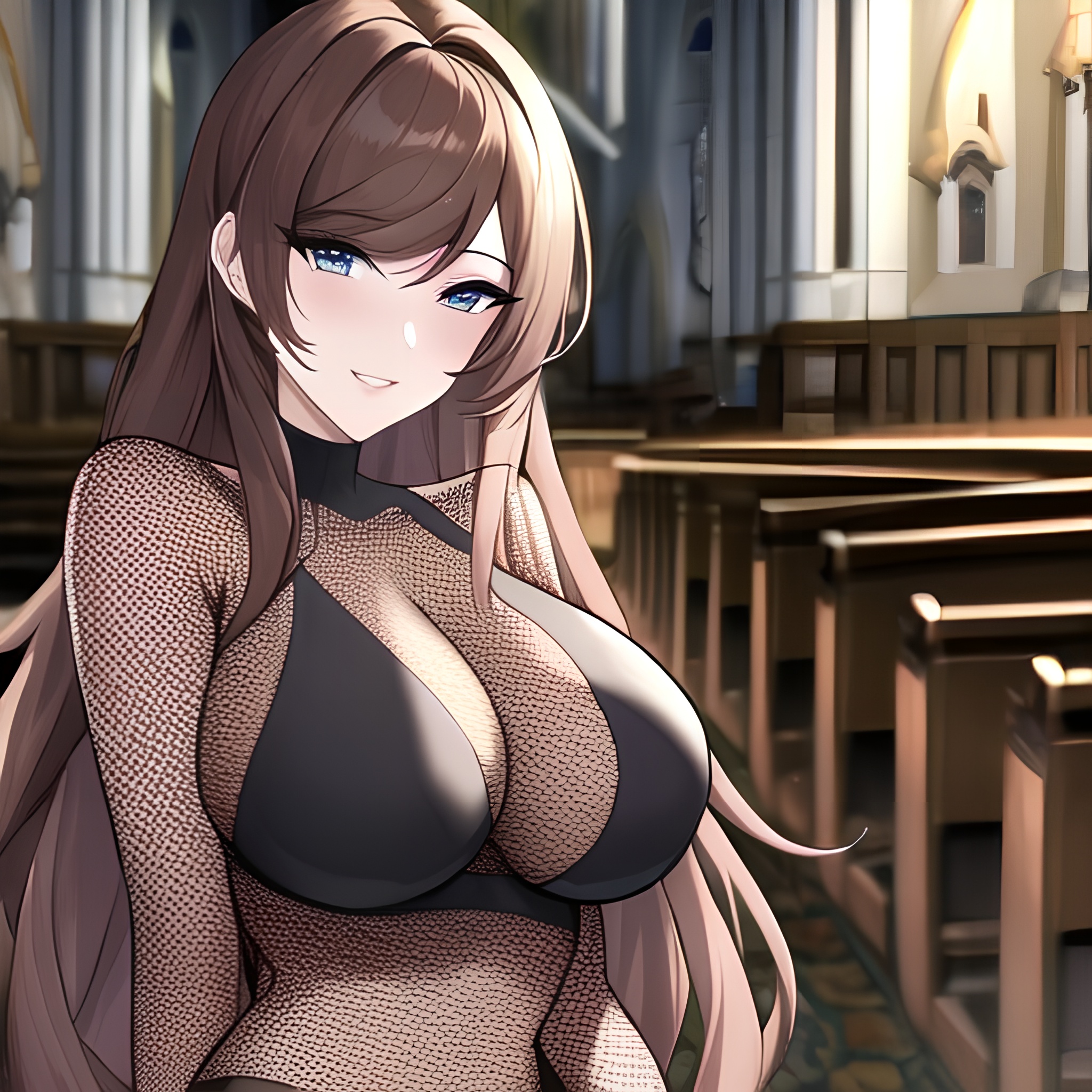 long hair church brunette woman messy hair fishnet