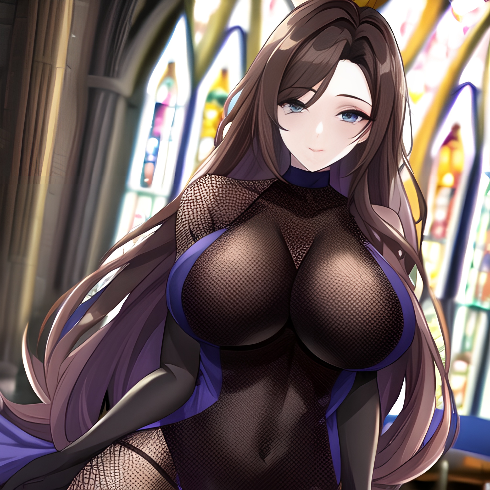 long hair church brunette woman messy hair fishnet 