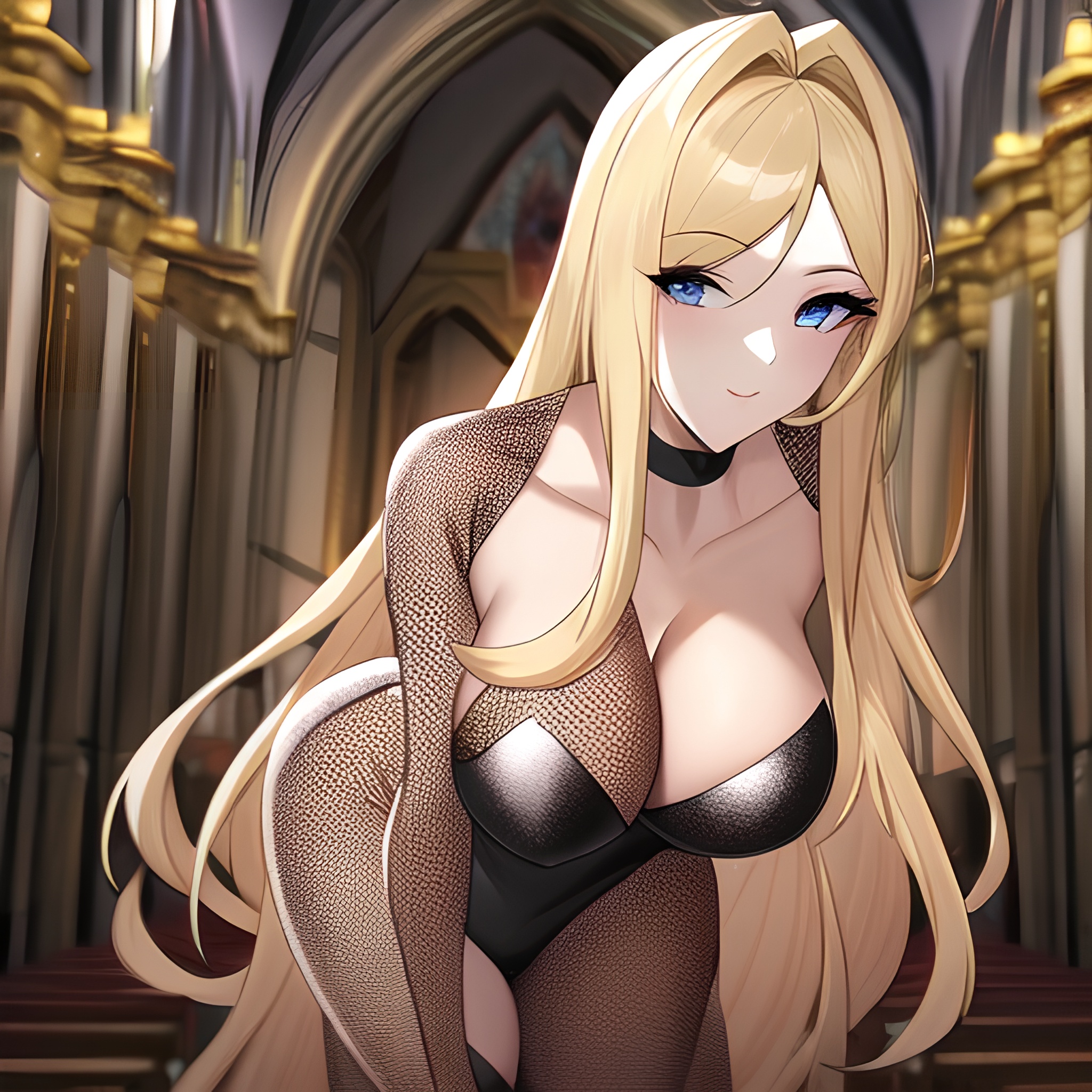 long hair church fishnet blonde woman 