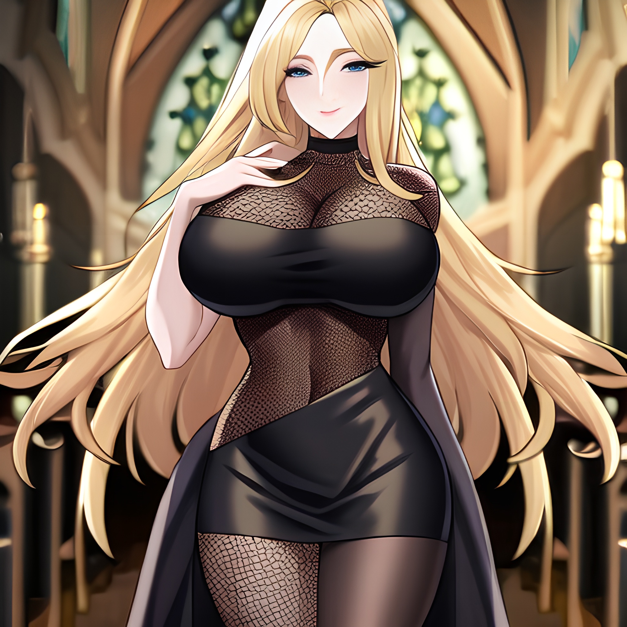 long hair church fishnet blonde woman