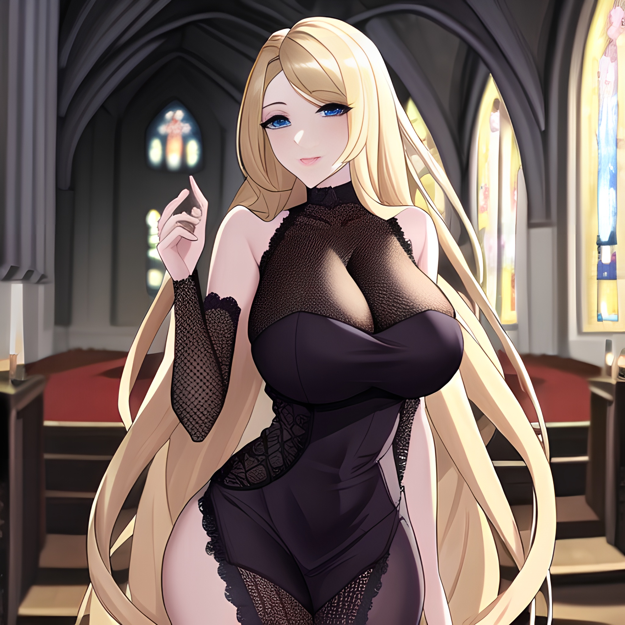 long hair church fishnet blonde woman 