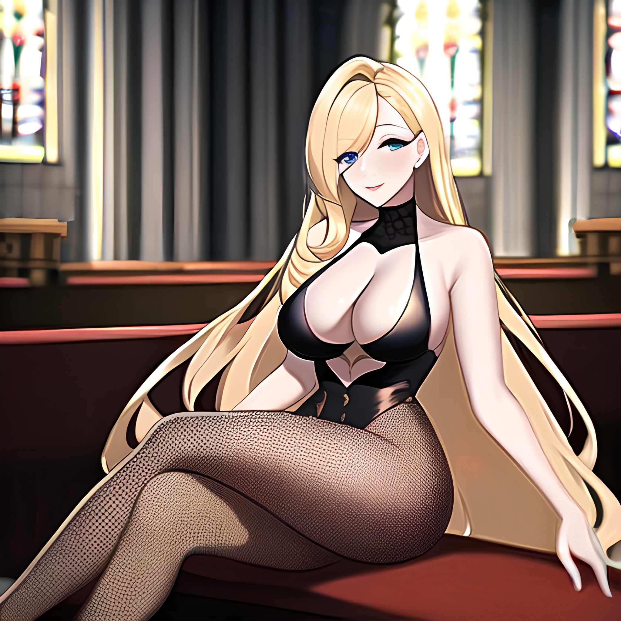 long hair church fishnet blonde woman