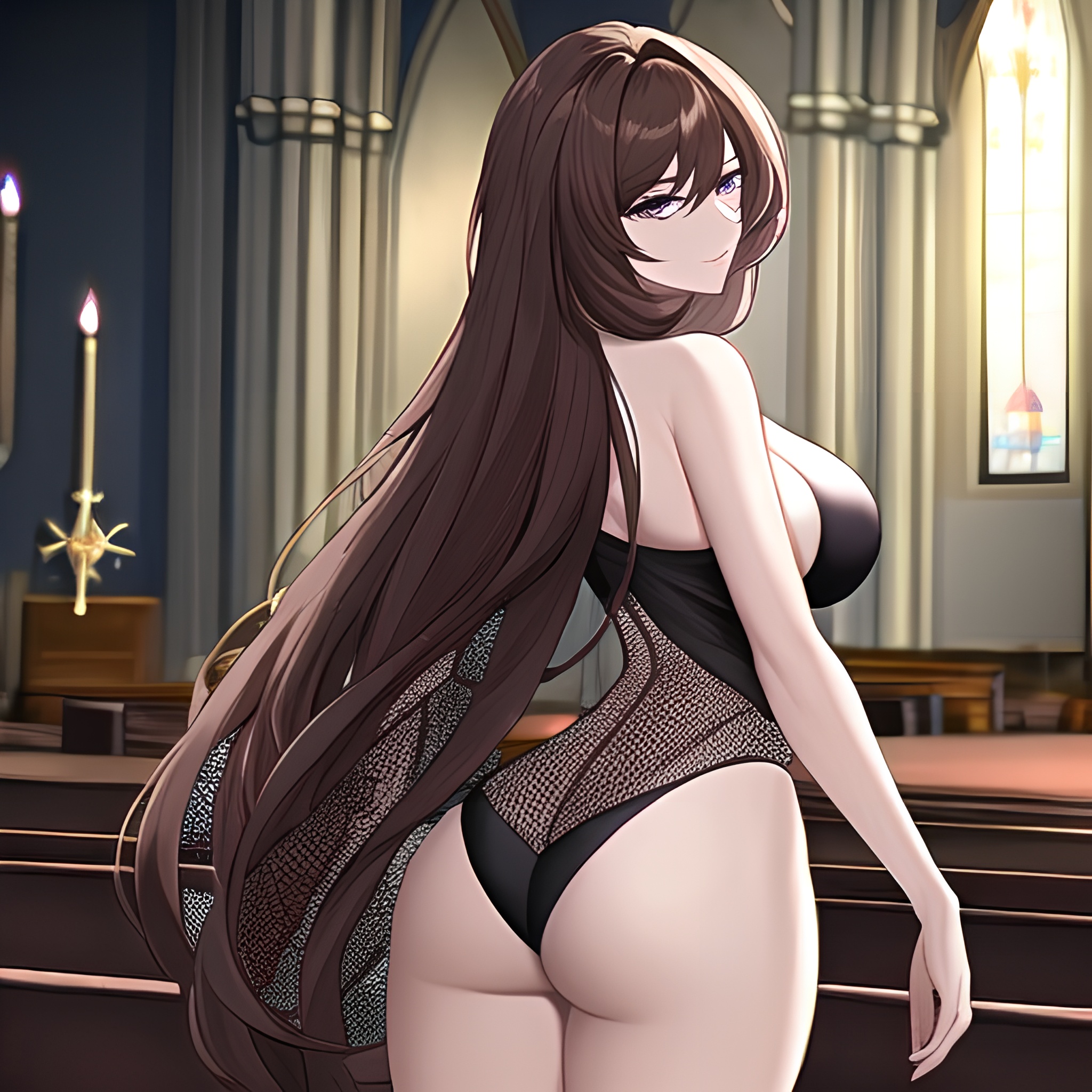 long hair church fishnet brunette messy hair woman 