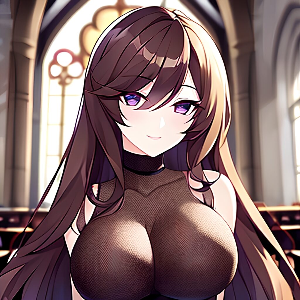 long hair church fishnet brunette woman messy hair 