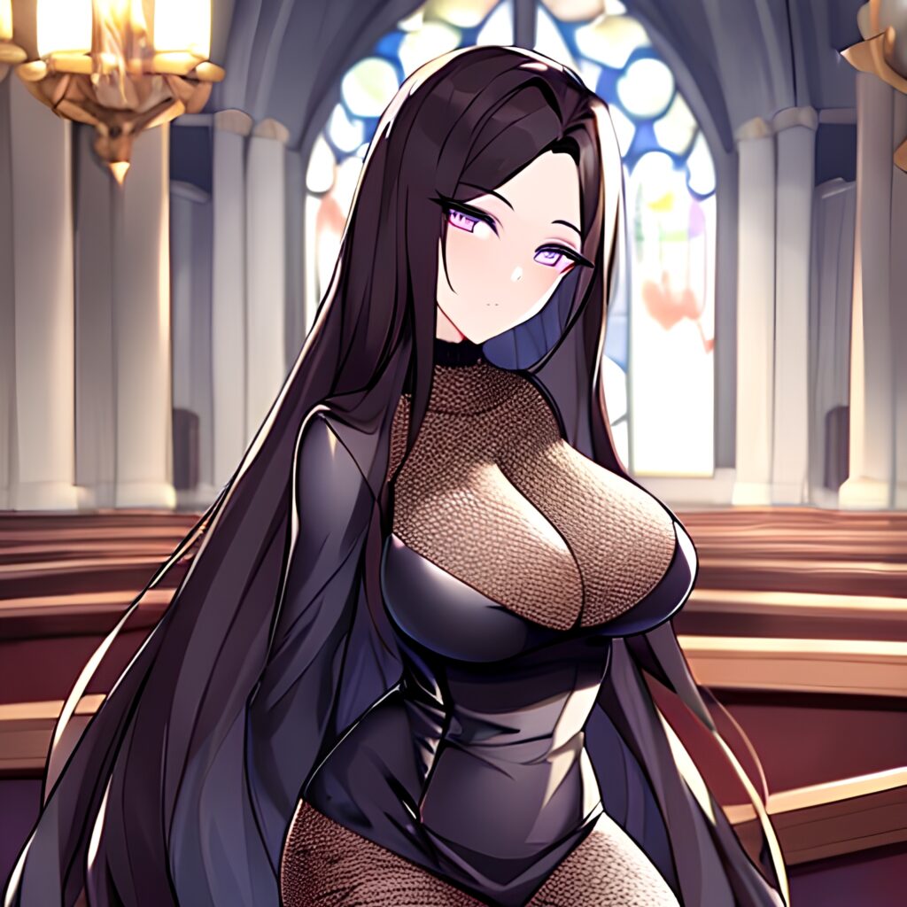 long hair church fishnet brunette woman messy hair 