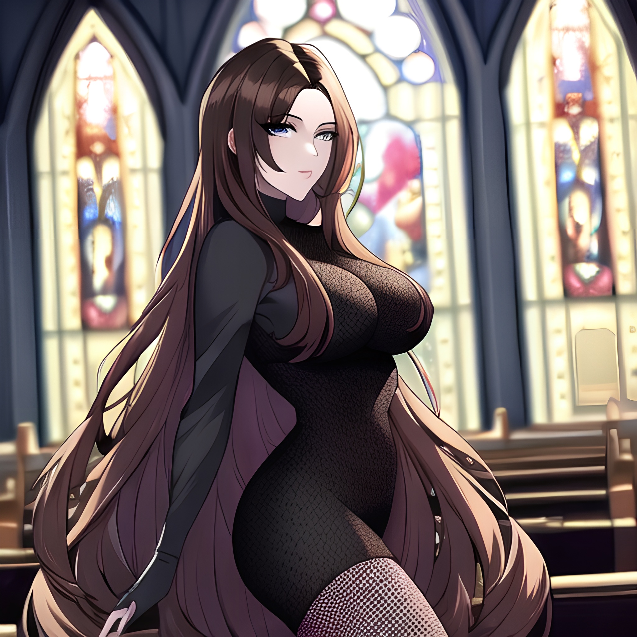 long hair church fishnet brunette woman messy hair 