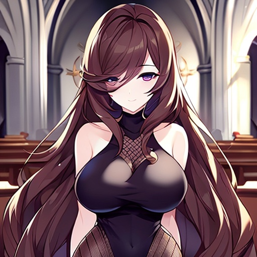 long hair church fishnet messy hair brunette woman 