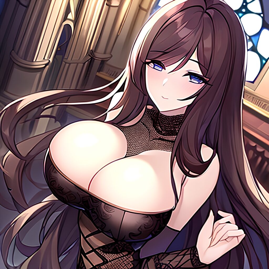 long hair church fishnet messy hair brunette woman 