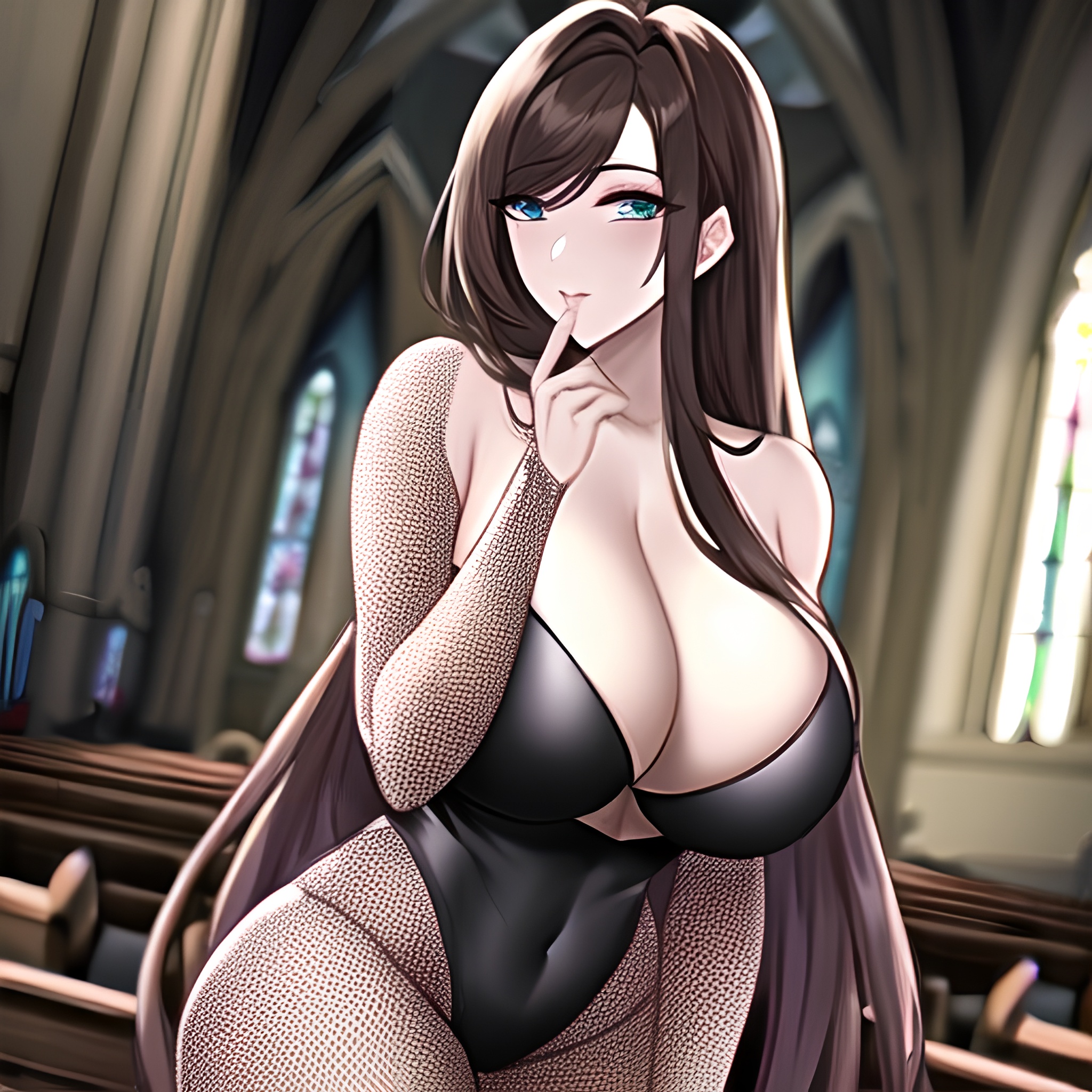 long hair church fishnet messy hair brunette woman 