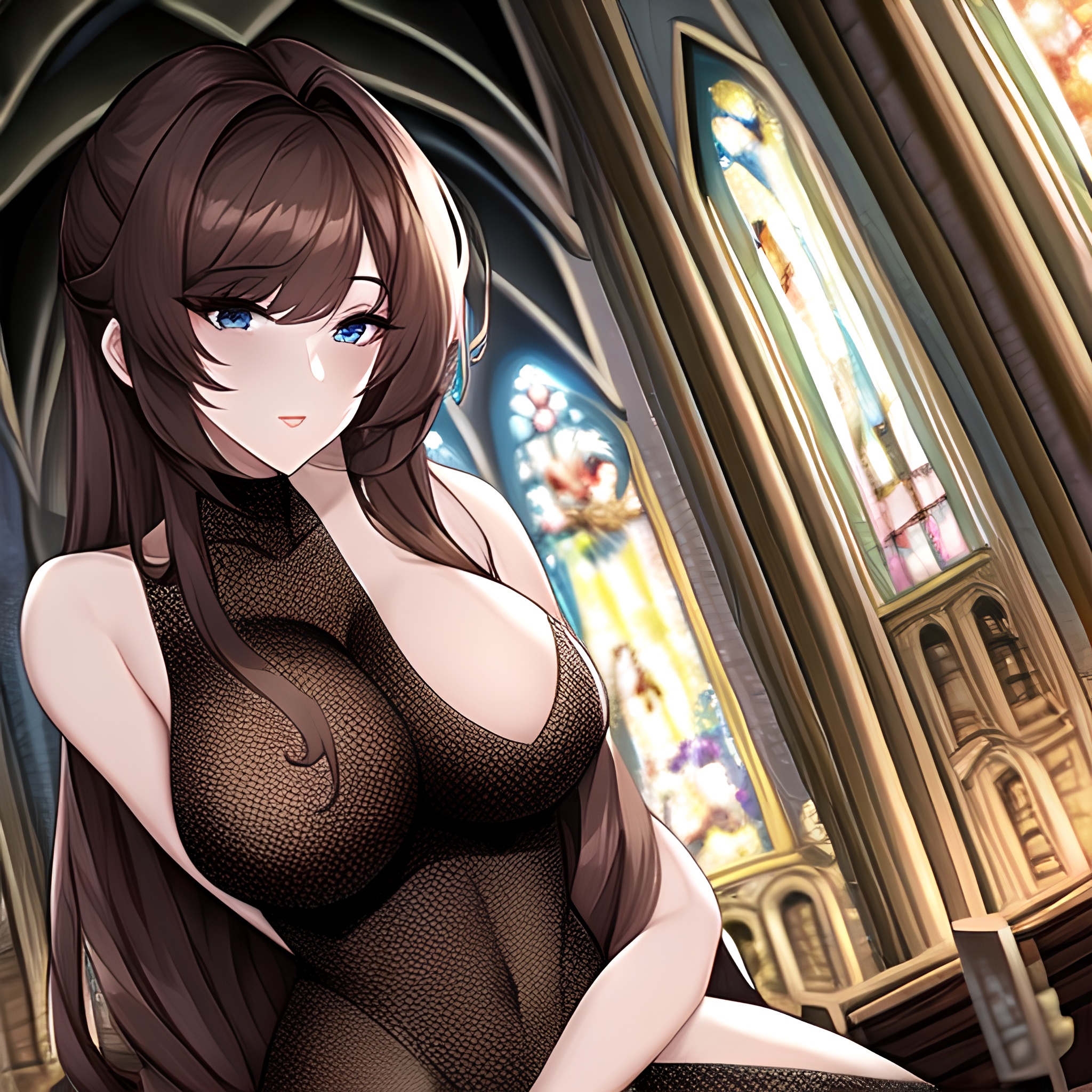 long hair church fishnet messy hair woman brunette 